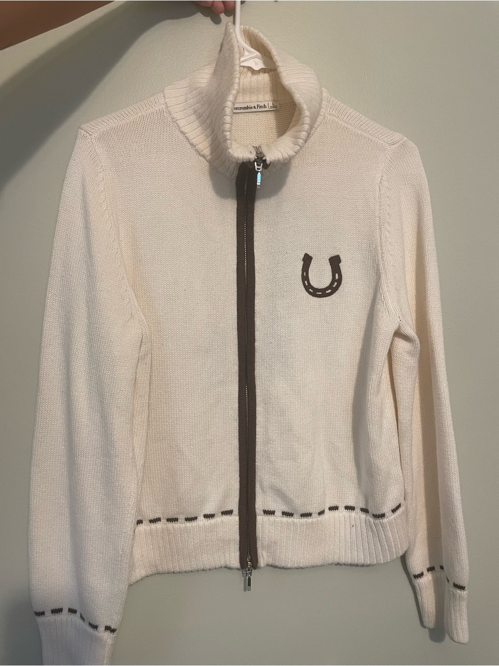 Abercrombie & Fitch Cream Knit Zip-Up Jacket with Brown Trim